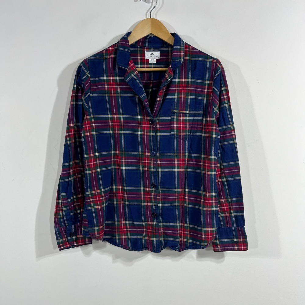 Petite Plume Preppy Tartan Plaid Cotton Pajama Top Womens Small Cottagecore Cozy